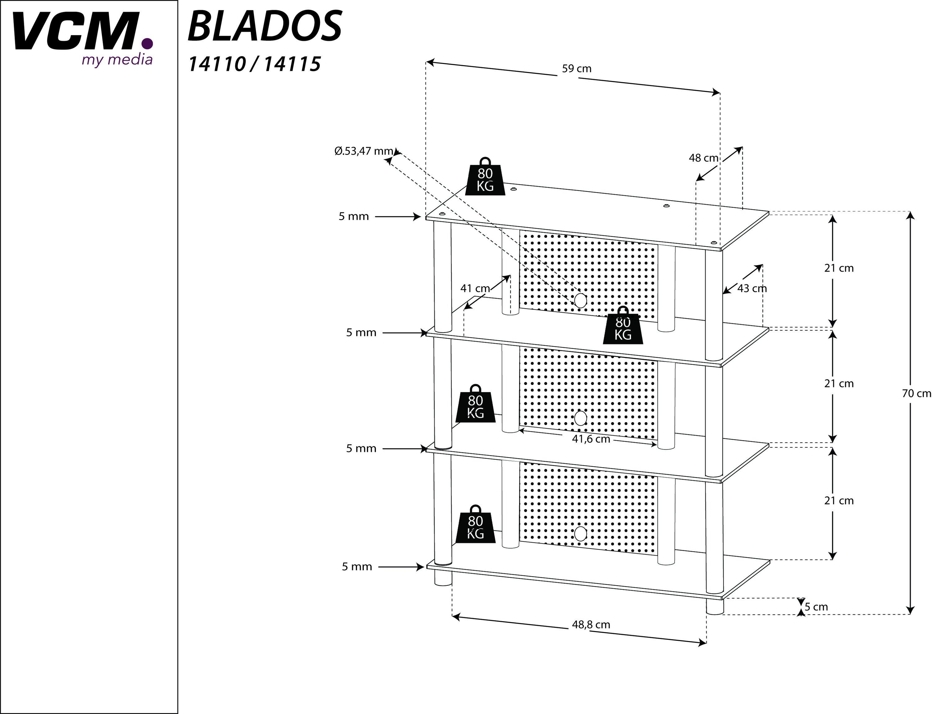 VCM  Hifi Möbel | Rack Schrank Phono Regal | Alusäulen Glasböden | Maße H. 70 x B. 59 x T. 49 cm | Phono Mediaregal - Blados 