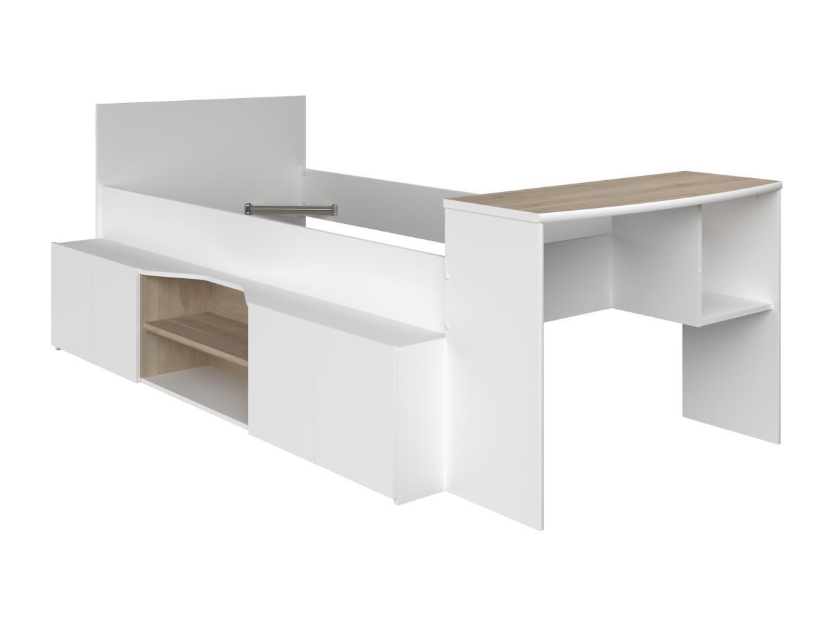 Vente-unique Lit combiné 90 x 190/200 cm avec bureau et rangements - Blanc et naturel + Sommier - JOCHIANE  