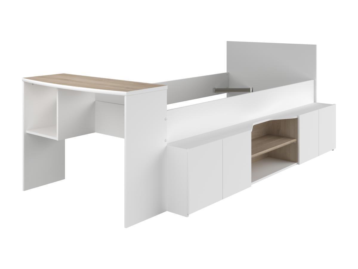 Vente-unique Lit combiné 90 x 190/200 cm avec bureau et rangements - Blanc et naturel + Sommier - JOCHIANE  