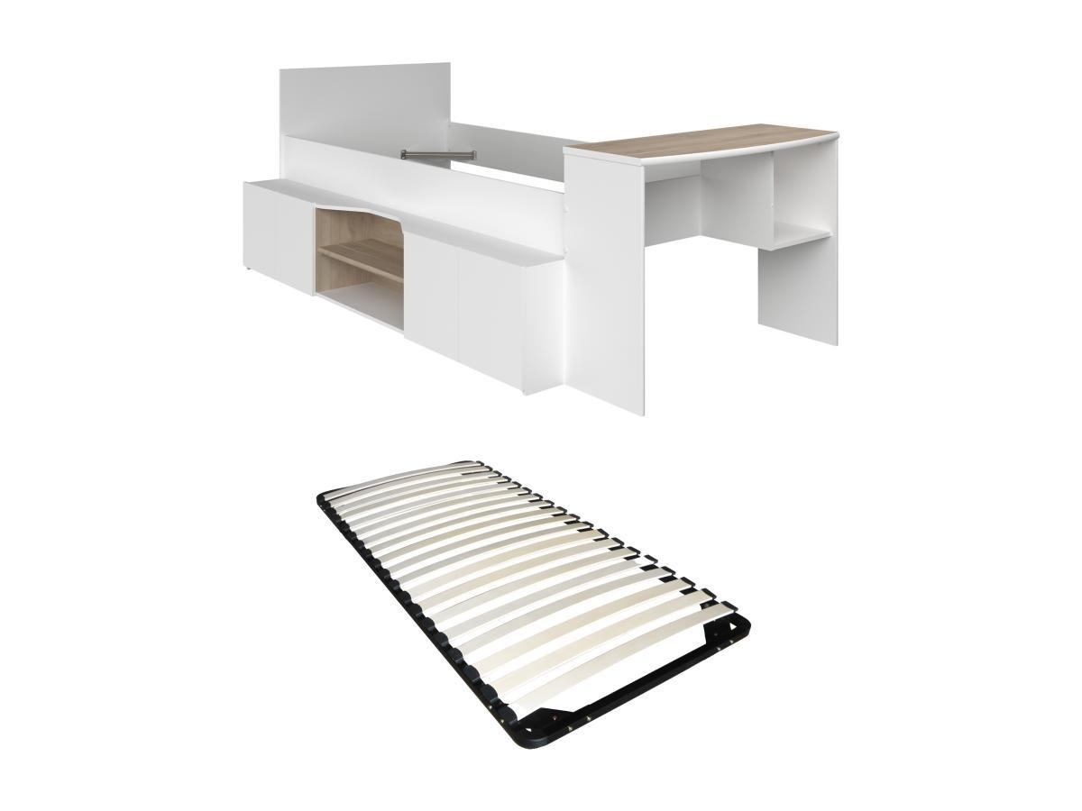 Vente-unique Lit combiné 90 x 190/200 cm avec bureau et rangements - Blanc et naturel + Sommier - JOCHIANE  