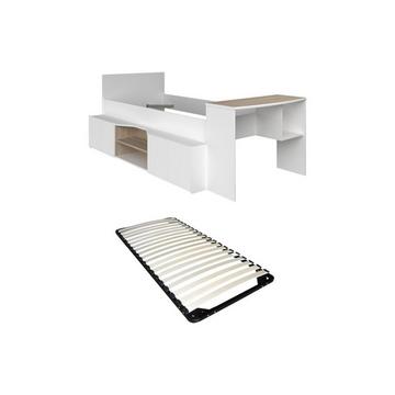 Lit combiné 90 x 190/200 cm avec bureau et rangements - Blanc et naturel + Sommier - JOCHIANE