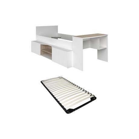 Vente-unique Lit combiné 90 x 190/200 cm avec bureau et rangements - Blanc et naturel + Sommier - JOCHIANE  