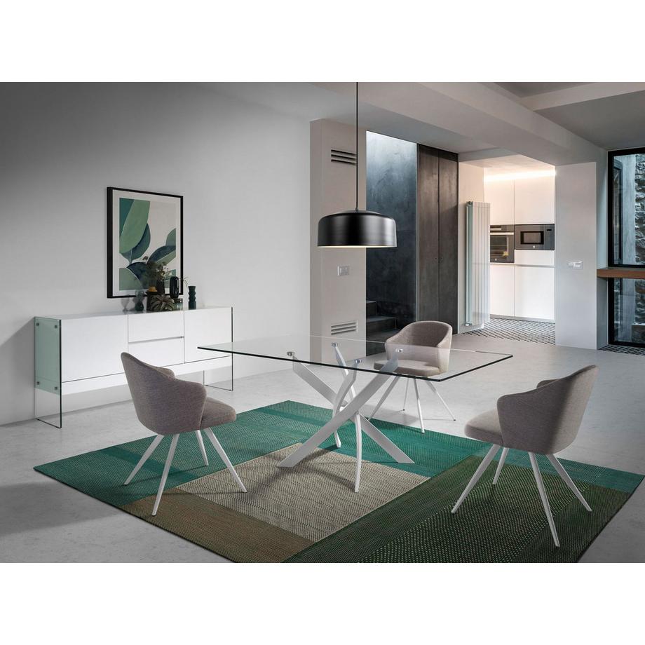 ANGEL CERDA Table à manger rectangulaire verre trempé et acier blanc  