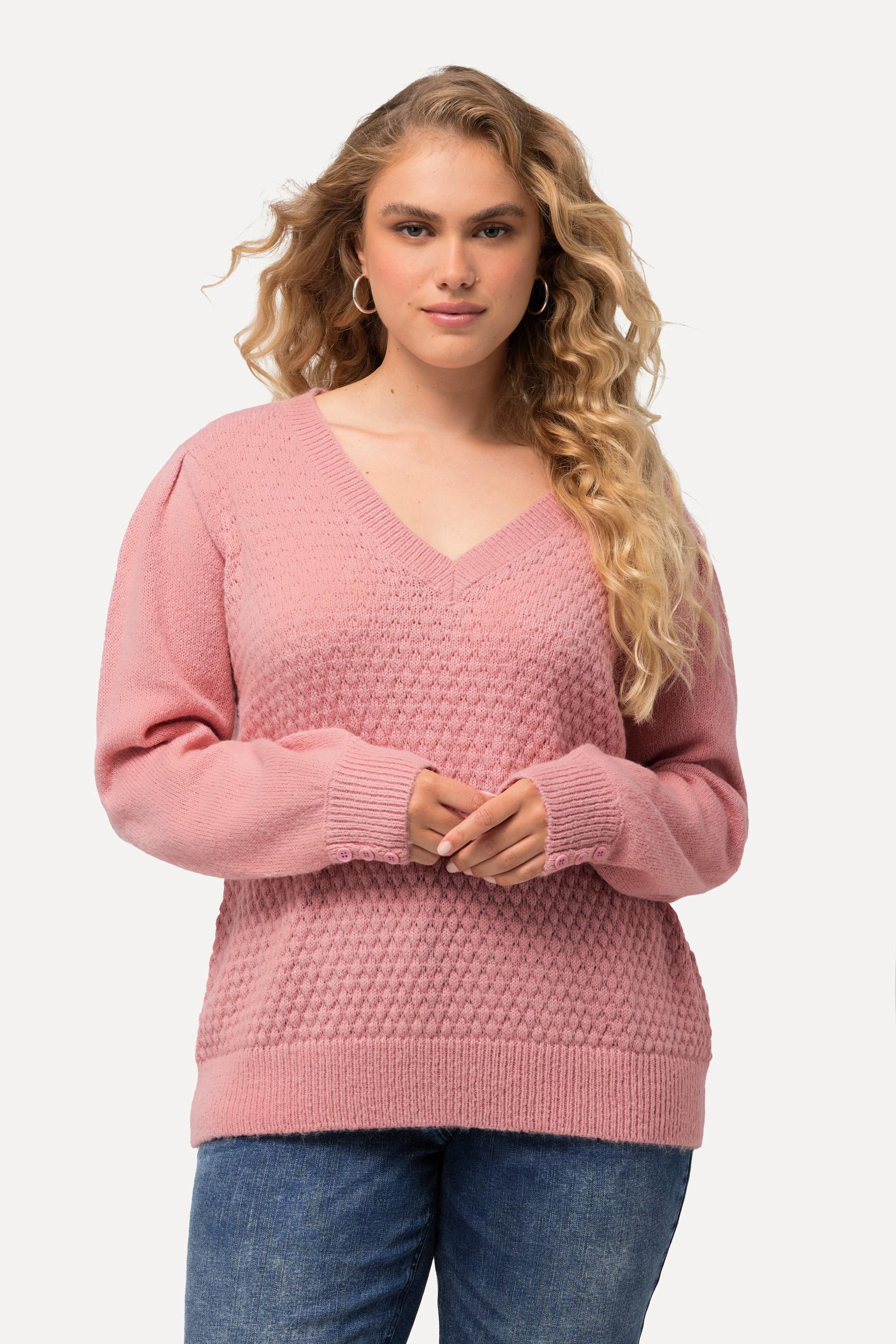 Ulla Popken  Pullover, Zierfalten, Zierknöpfe, V-Ausschnitt, Langarm 