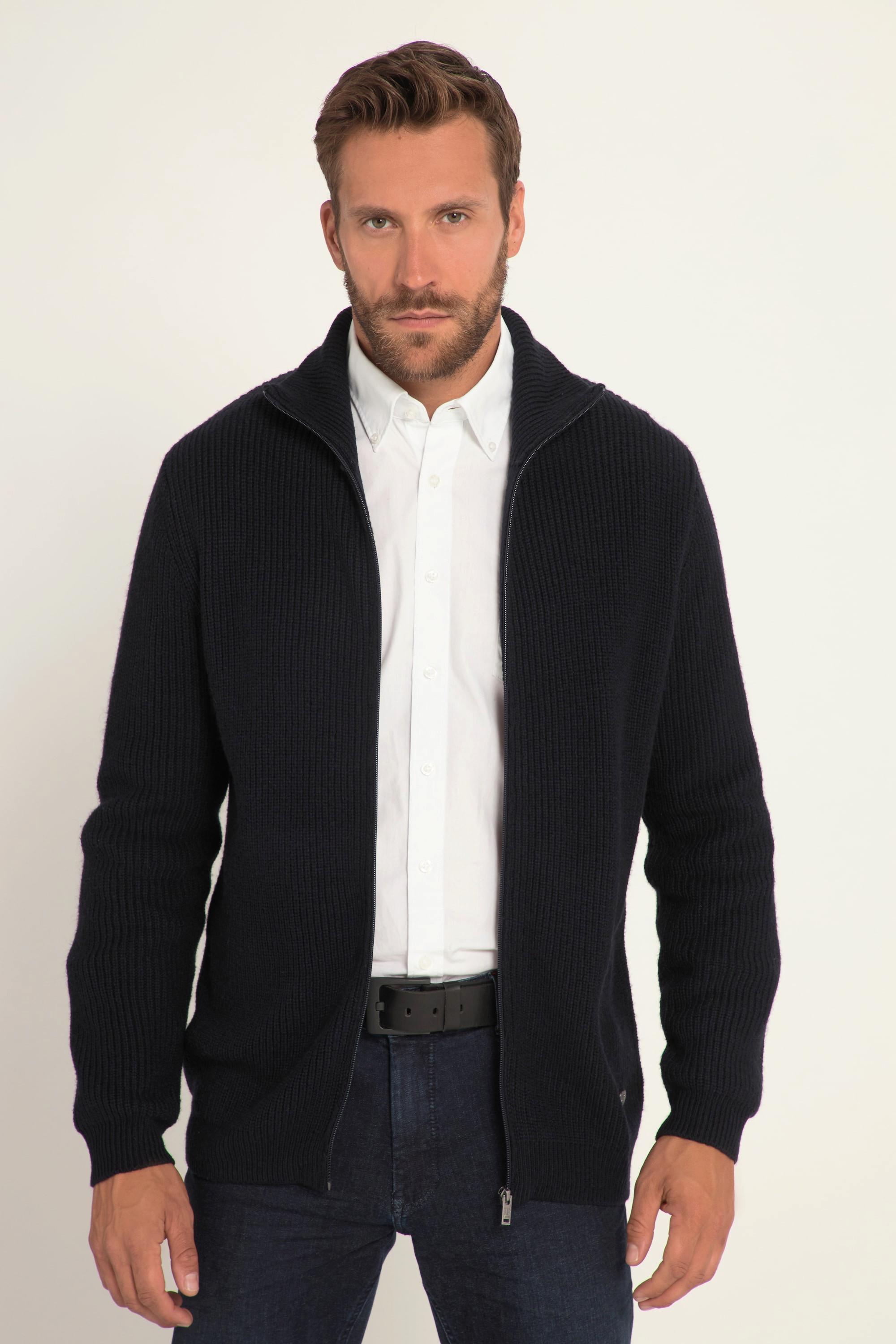 JP1880  Cardigan in maglia a costa inglese con lana, collo alto e zip 