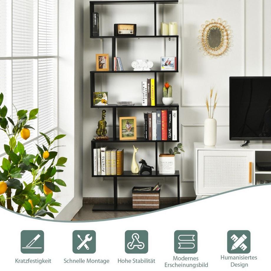 Northix Etagère sur pied 6 niveaux bibliothèque en forme de S étagère de rangement bois coloris au choix noir  