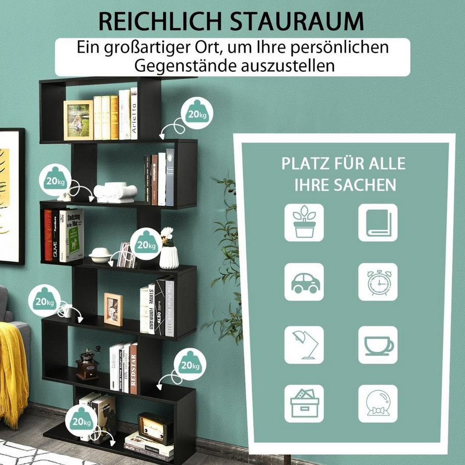 Northix Etagère sur pied 6 niveaux bibliothèque en forme de S étagère de rangement bois coloris au choix noir  