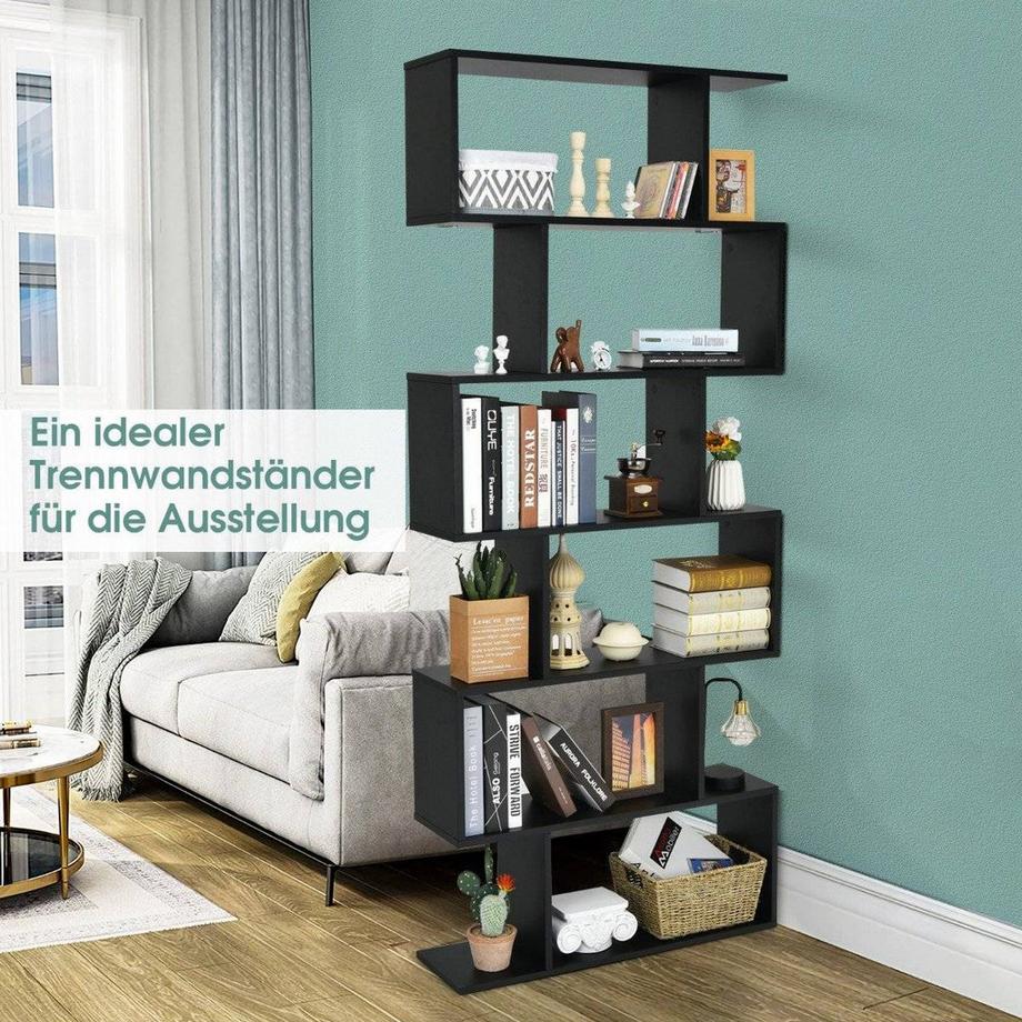 Northix Etagère sur pied 6 niveaux bibliothèque en forme de S étagère de rangement bois coloris au choix noir  