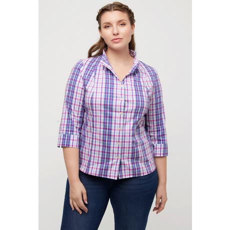 Ulla Popken  Bluse, Karo, Slim, Kelchkragen, V-Ausschnitt, 3/4-Arm 