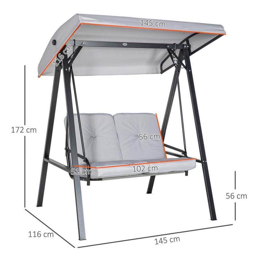 Northio Hollywoodschaukel 2-Sitzer Gartenschaukel mit Verstellbarem Dach, Kissen, Schaukelbank bis 220 kg Belastbar, für Garten, Balkon, Grau, 145 x 116 x 172 cm  