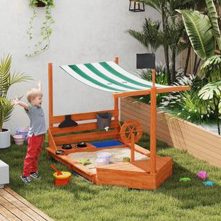 Northio  Sandkasten Sandkiste groß mit Abdeckung im Schiff Design Matschekiste aus Holz Segelschiff Spielhaus mit Küchenspielset Aufbewahrung für Kinder 3-7 Jahre Orange 180 x 103 x 144,5 cm Aosom 