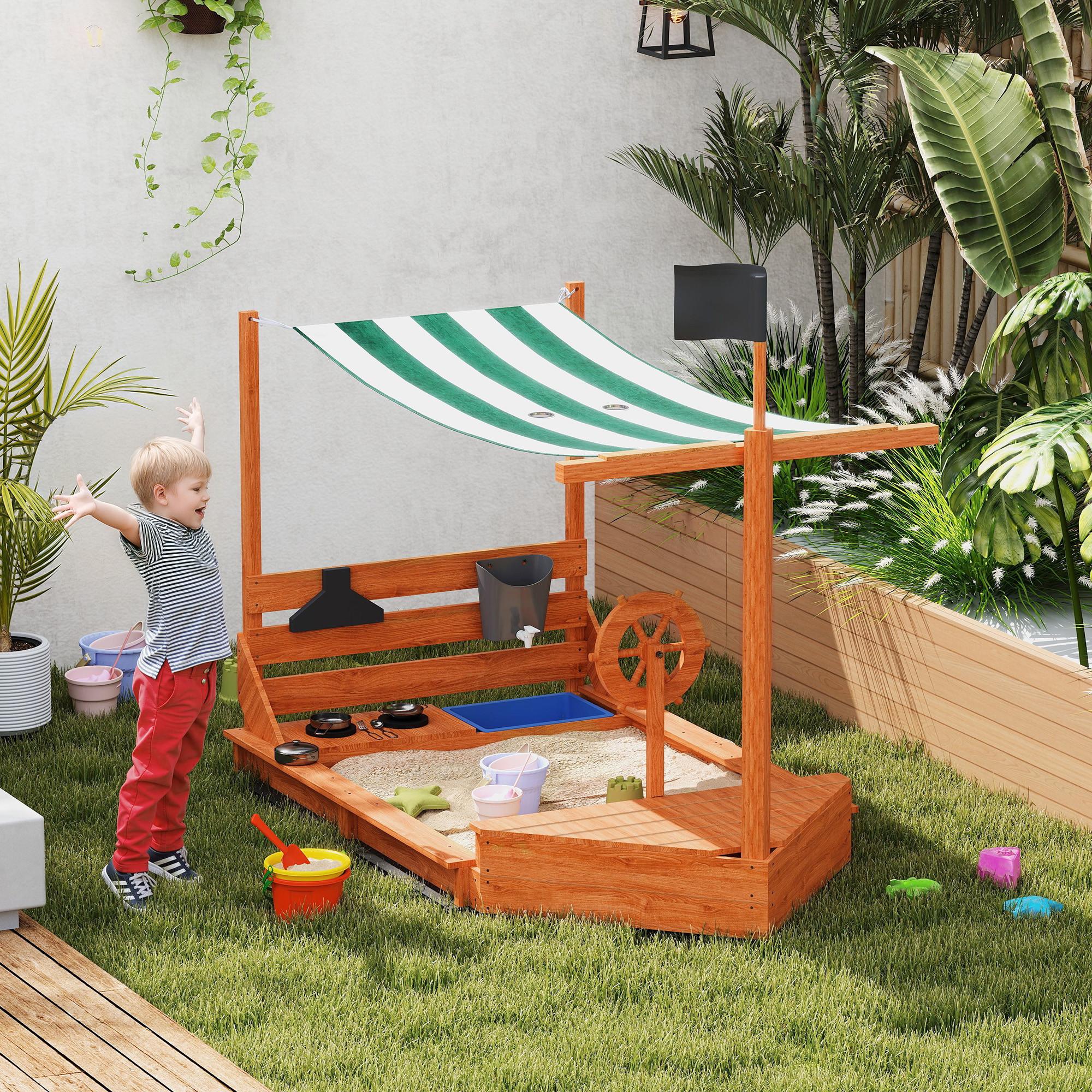 Northio  Sandkasten Sandkiste groß mit Abdeckung im Schiff Design Matschekiste aus Holz Segelschiff Spielhaus mit Küchenspielset Aufbewahrung für Kinder 3-7 Jahre Orange 180 x 103 x 144,5 cm Aosom 