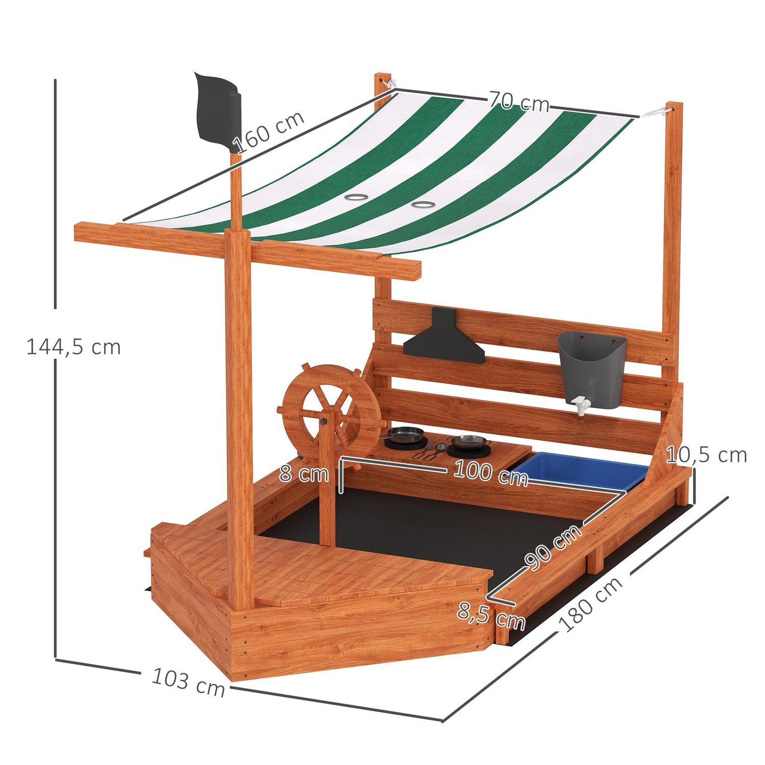 Northio  Sandkasten Sandkiste groß mit Abdeckung im Schiff Design Matschekiste aus Holz Segelschiff Spielhaus mit Küchenspielset Aufbewahrung für Kinder 3-7 Jahre Orange 180 x 103 x 144,5 cm Aosom 