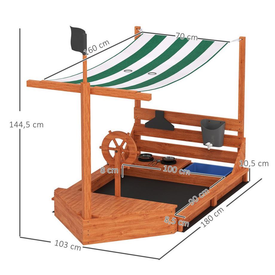 Northio  Sandkasten Sandkiste groß mit Abdeckung im Schiff Design Matschekiste aus Holz Segelschiff Spielhaus mit Küchenspielset Aufbewahrung für Kinder 3-7 Jahre Orange 180 x 103 x 144,5 cm Aosom 
