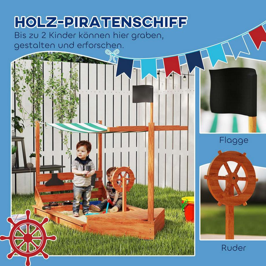 Northio  Sandkasten Sandkiste groß mit Abdeckung im Schiff Design Matschekiste aus Holz Segelschiff Spielhaus mit Küchenspielset Aufbewahrung für Kinder 3-7 Jahre Orange 180 x 103 x 144,5 cm Aosom 