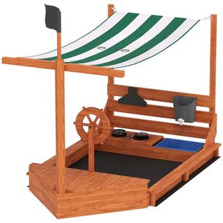 Northio  Sandkasten Sandkiste groß mit Abdeckung im Schiff Design Matschekiste aus Holz Segelschiff Spielhaus mit Küchenspielset Aufbewahrung für Kinder 3-7 Jahre Orange 180 x 103 x 144,5 cm Aosom 