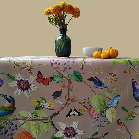 Fleur de Soleil Nappe enduite Oiseaux taupe  