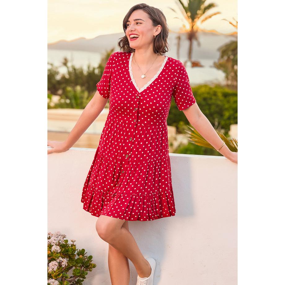 Jersey-Tunika-Kleid mit Punkte-Print und Spitzenbesatz