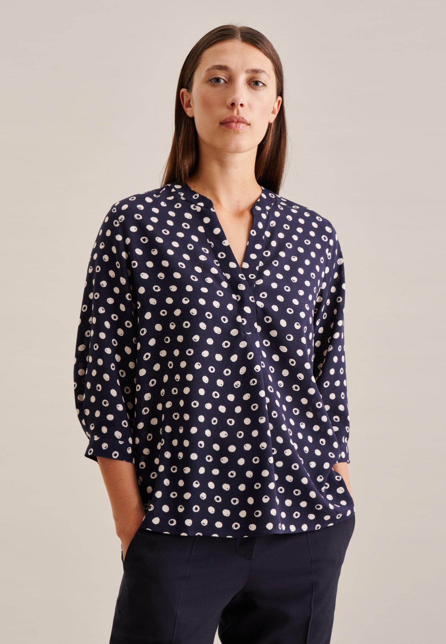 Image of Stehkragenbluse Punkte 3/4-arm Kragen Damen Dunkelblau 38