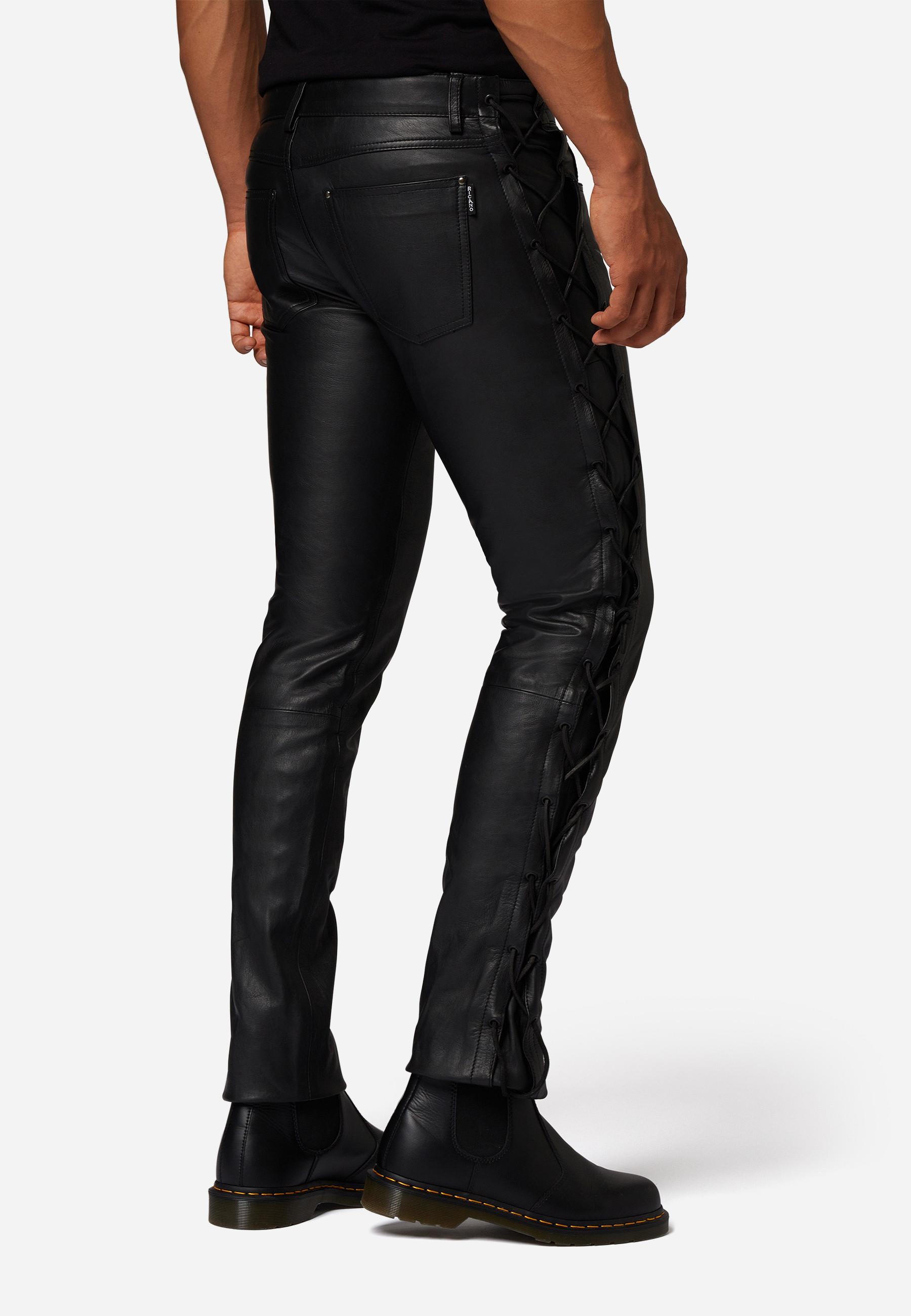 RICANO  Pantalon en cuir pour hommes, avec lacets, en cuir de vache ciré. 