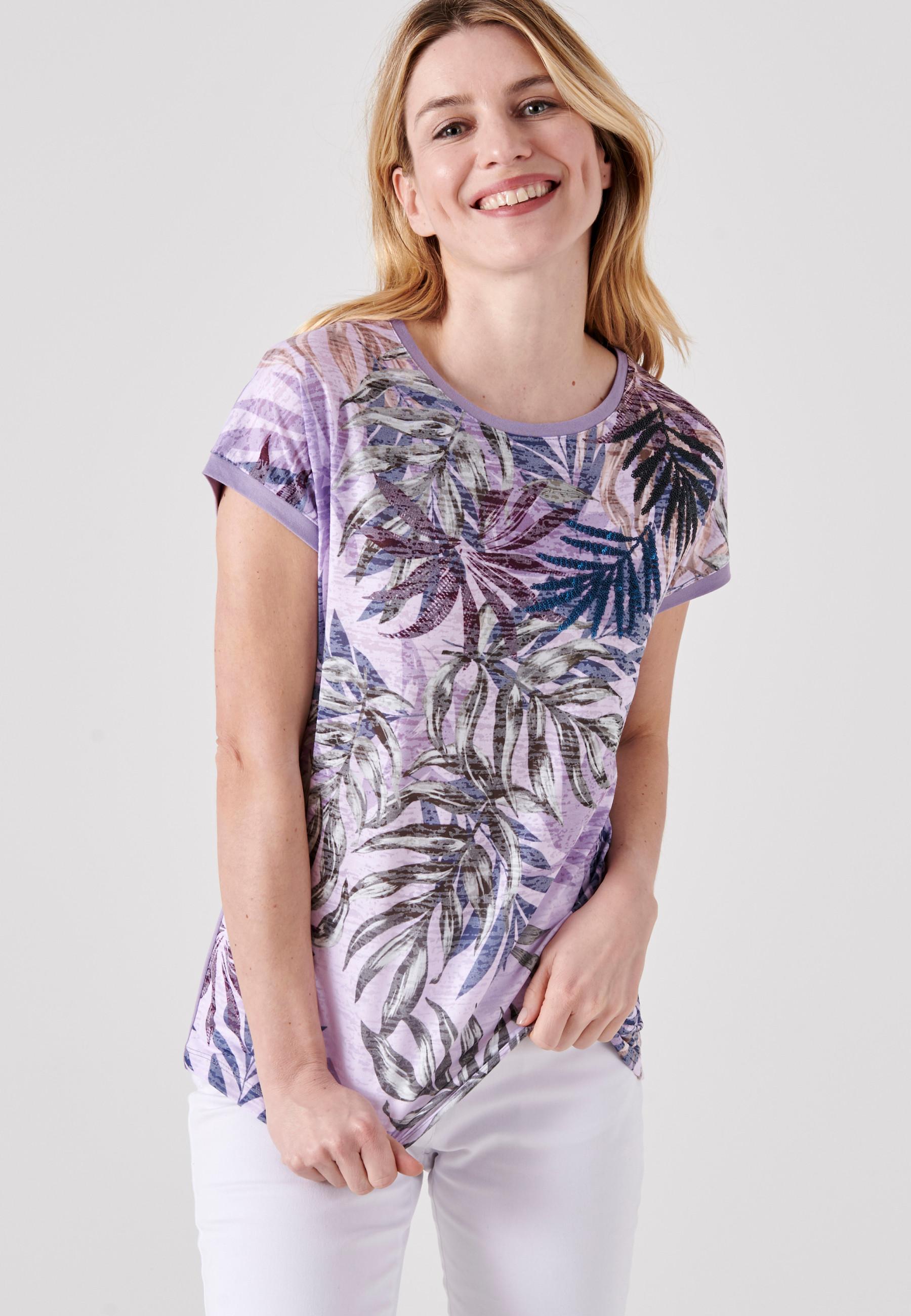 Image of Shirt In Materialmix Mit Pailletten, Paspelierter Rundhalsausschnitt. T-ärmel. Damen Violett 46-48