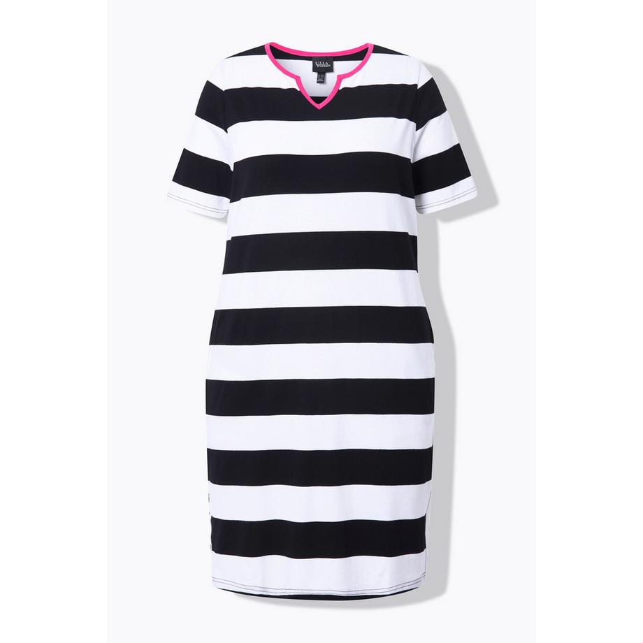 Ulla Popken Robe en jersey rayé Coupe évasée Col tunisien Manches courtes  