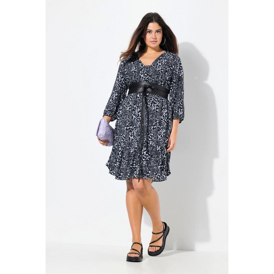 Ulla Popken Kleid Volantsaum A-Linie V-Ausschnitt 3/4-Arm  