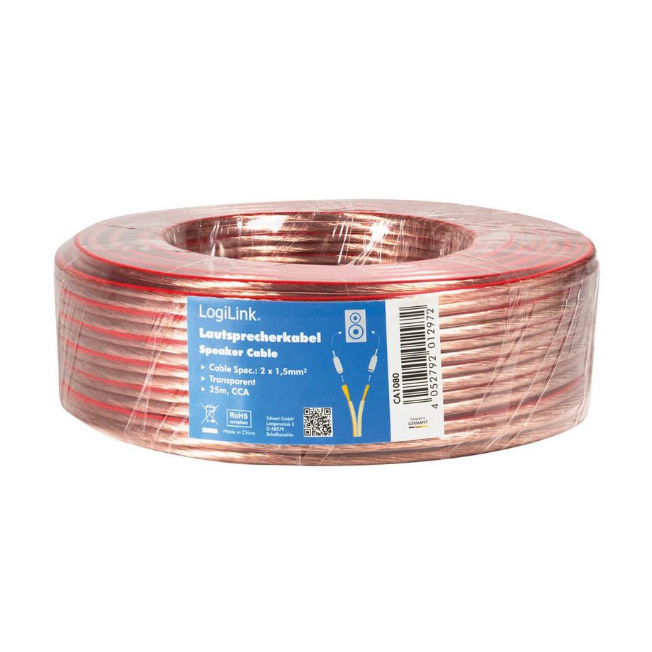 LogiLink  Câble haut-parleur 2x1,5 25m Transparent 