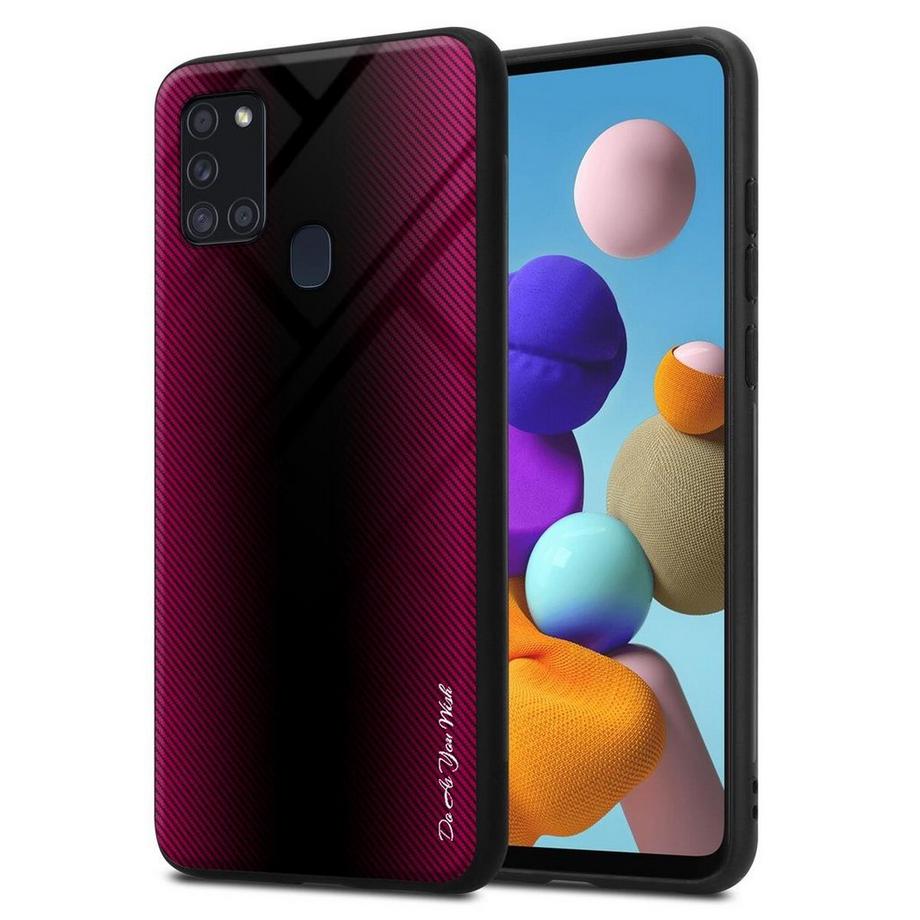 Housse compatible avec Samsung Galaxy A21s - Aspect rayé - Coque de protection en silicone TPU et dos en verre trempé
