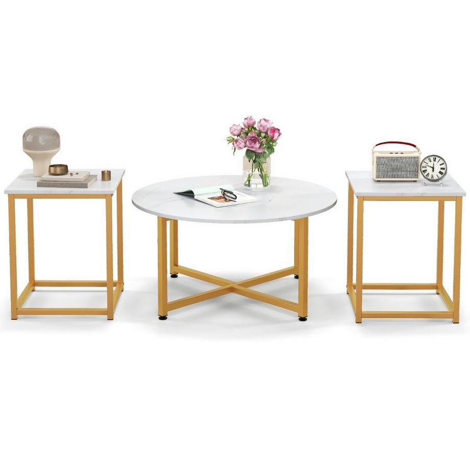 Northio 3er Set Couchtisch mit Robustem Metallrahmen Runder Kaffeetisch & 2 Quadratische Beistelltische Weiß  