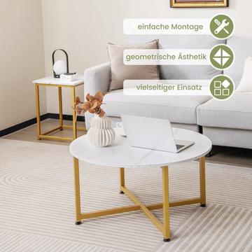 3er Set Couchtisch mit Robustem Metallrahmen Runder Kaffeetisch & 2 Quadratische Beistelltische Weiß