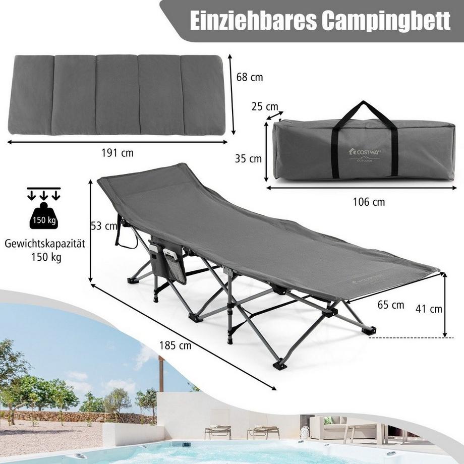 Northix  Feldbett Klappbar Campingbett mit Matratze 185 cm x 65 cm x 41–53 cm Grau 