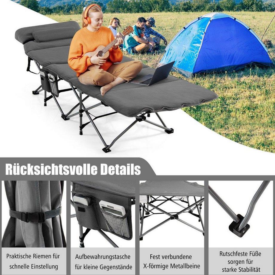 Northix  Feldbett Klappbar Campingbett mit Matratze 185 cm x 65 cm x 41–53 cm Grau 