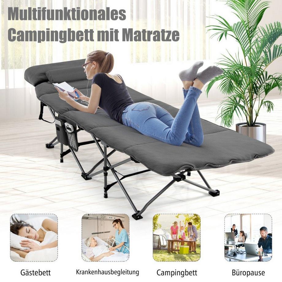 Northix  Feldbett Klappbar Campingbett mit Matratze 185 cm x 65 cm x 41–53 cm Grau 