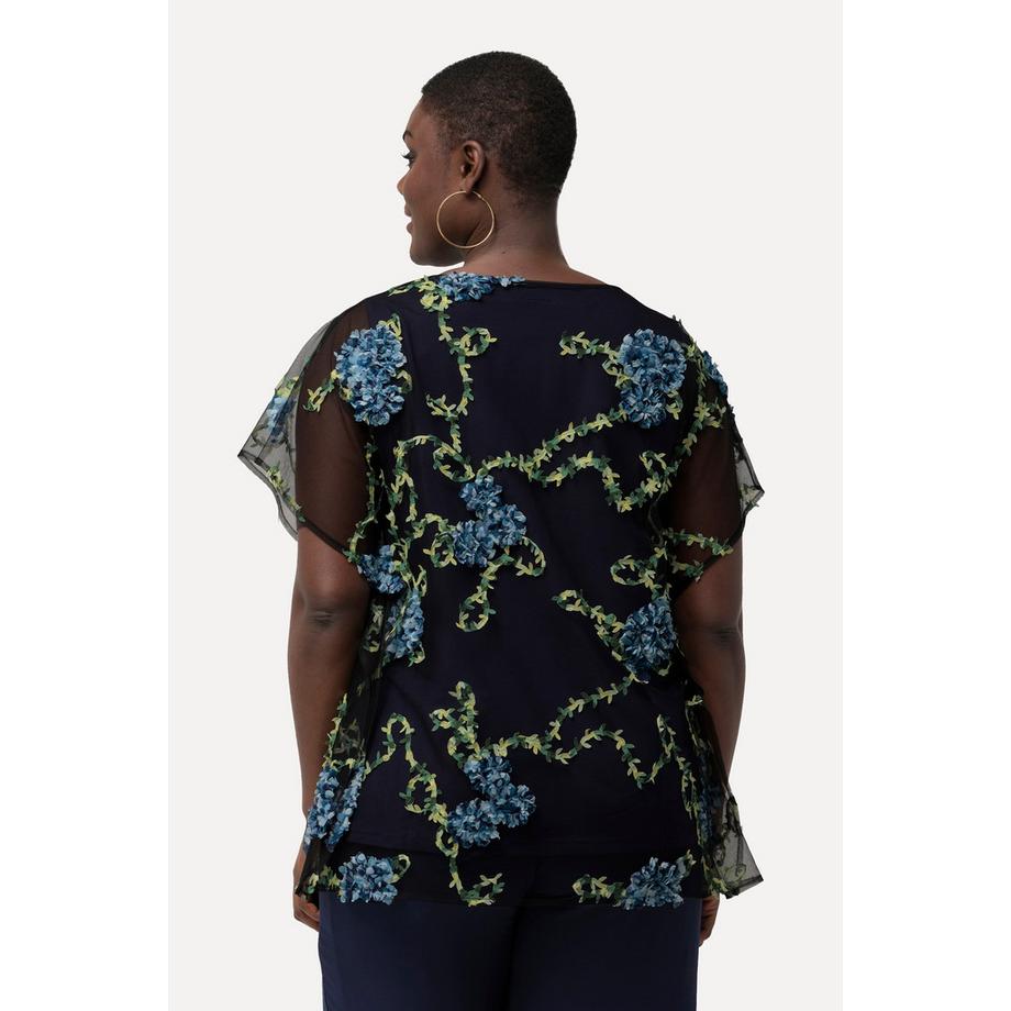 Ulla Popken Blusa Ricamo Floreale Doppio Strato Scollo Rotondo Mezze Maniche  