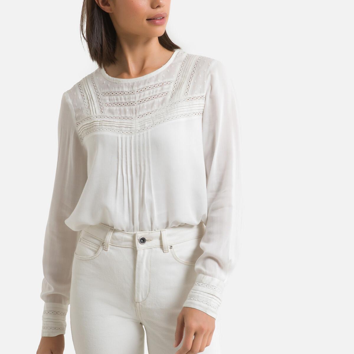 Image of Bluse Mit Rundem Ausschnitt Und Spitzendetails Damen Weiss 42