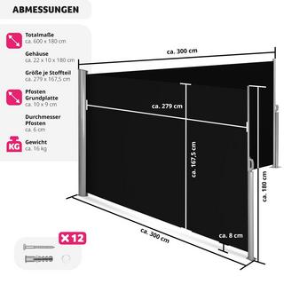 Tectake Aluminium Doppel Seitenmarkise ausziehbar mit Aufrollmechanismus  