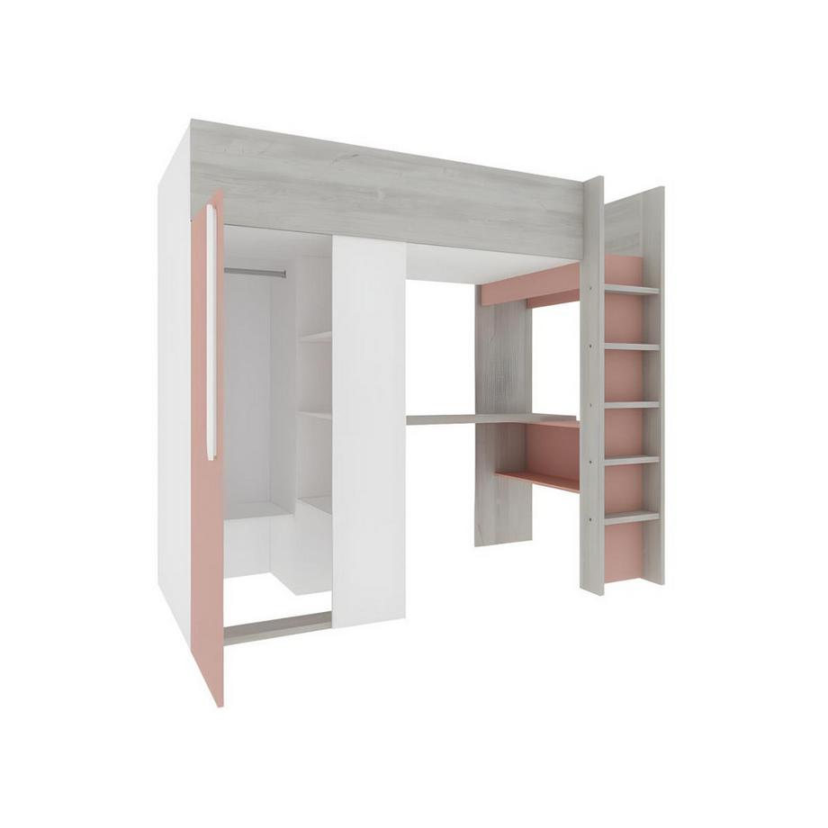 Vente-unique Letto a soppalco + materasso con armadio e scrivania Rosa e Bianco NICOLAS  