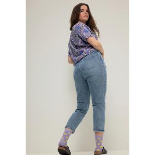 Studio Untold  Jean mom avec coutures colorées et coupe 5 poches. Taille élastique, braguette zippée 