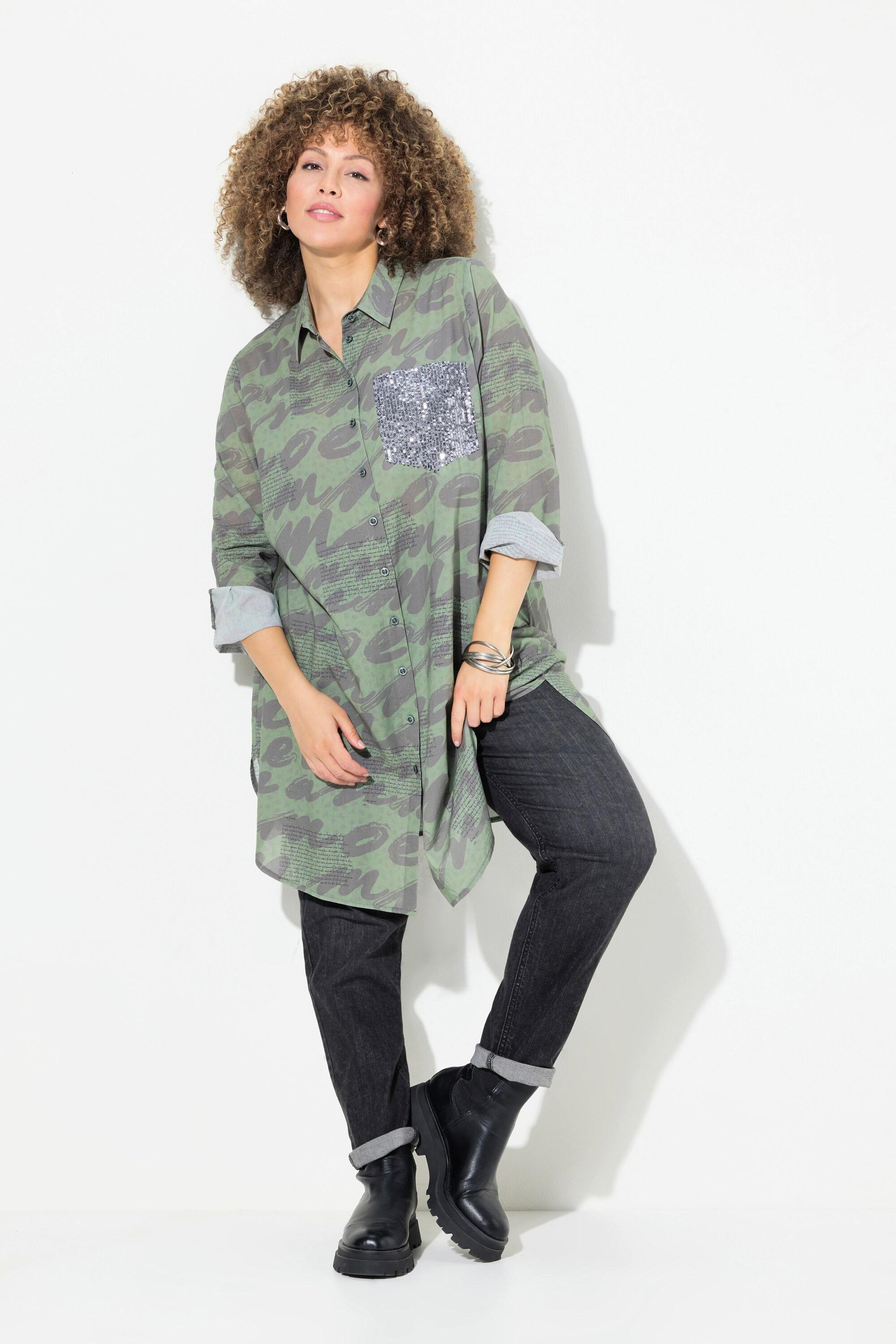 Ulla Popken  Longbluse, Scribble-Muster, Hemdkragen, Langarm 