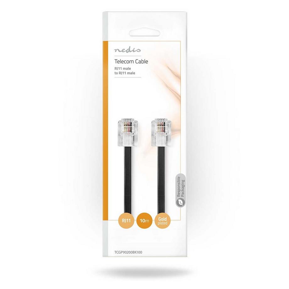 Nedis  Telekommunikationskabel | RJ11 Stecker | RJ11 Stecker | 10,0 m | Kabelaufbau: Flach | Beschichtung: Vergoldet | Kabeltyp: RJ11 | Schwarz 