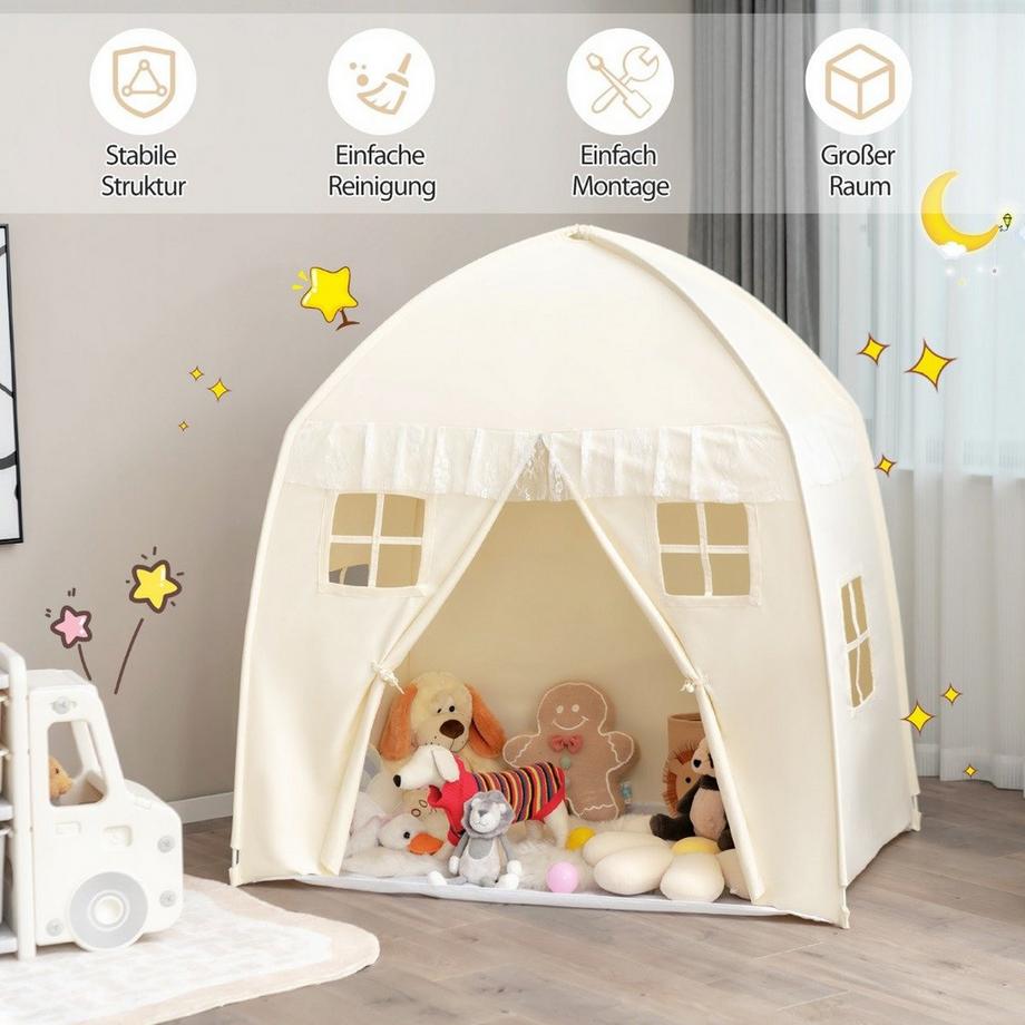 Northix  Kinderzelt Großes Prinzessinnenzelt mit Tragetasche Anti-Rutsch-Matte Reißverschluss Beige 