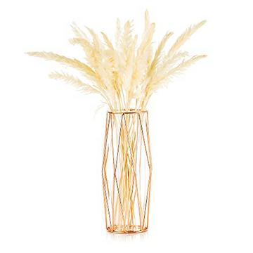 Vase pour herbe de pampa, vase en verre or rose vase de plancher élevé avec support à cadre métallique géométrique