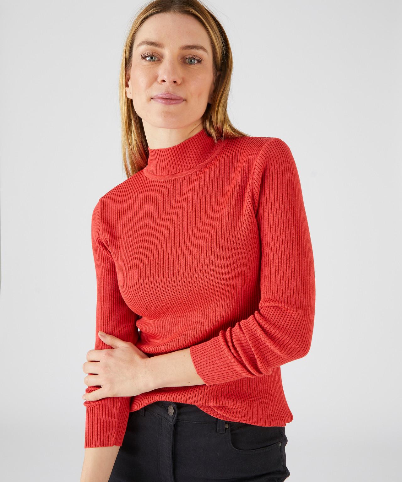 Image of Rippstrickpullover Stehkragen Uni Und Gestreift, 50 % Merino-wolle. Damen Rot 37
