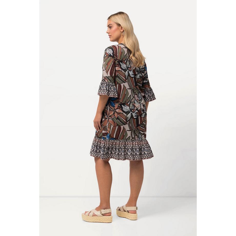 Ulla Popken Abito mini Volant Taglio Svasato Scollo a V Maniche 3/4  