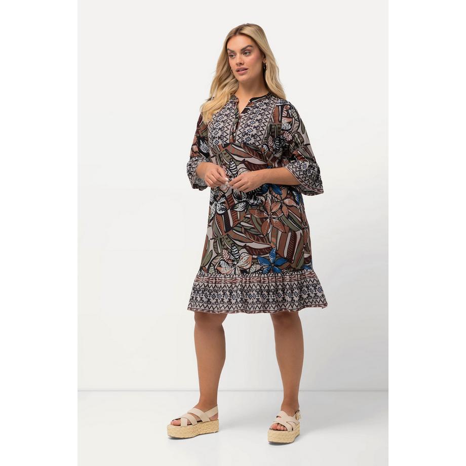 Ulla Popken Abito mini Volant Taglio Svasato Scollo a V Maniche 3/4  