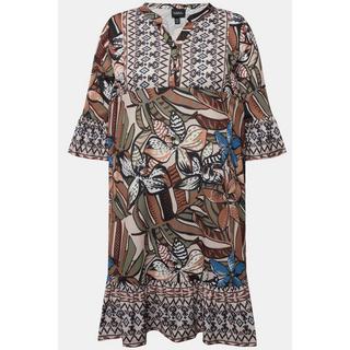 Ulla Popken  Robe mini coupe trapèze, décolleté en V, manches 3/4 et volants 