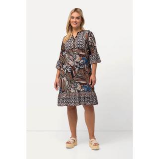 Ulla Popken  Robe mini coupe trapèze, décolleté en V, manches 3/4 et volants 