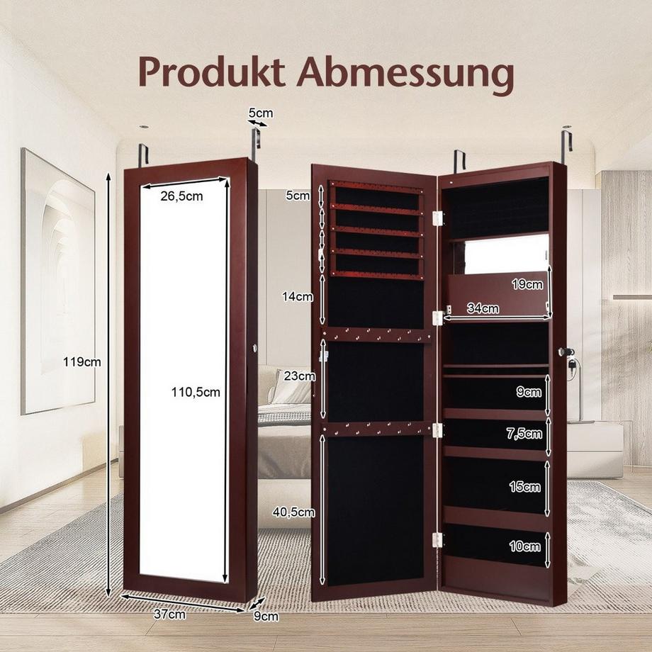 Northix Schmuckschrank mit Spiegel Kosmetikschrank mit ausgekleideten Ablagen Haken & Fächern Braun  