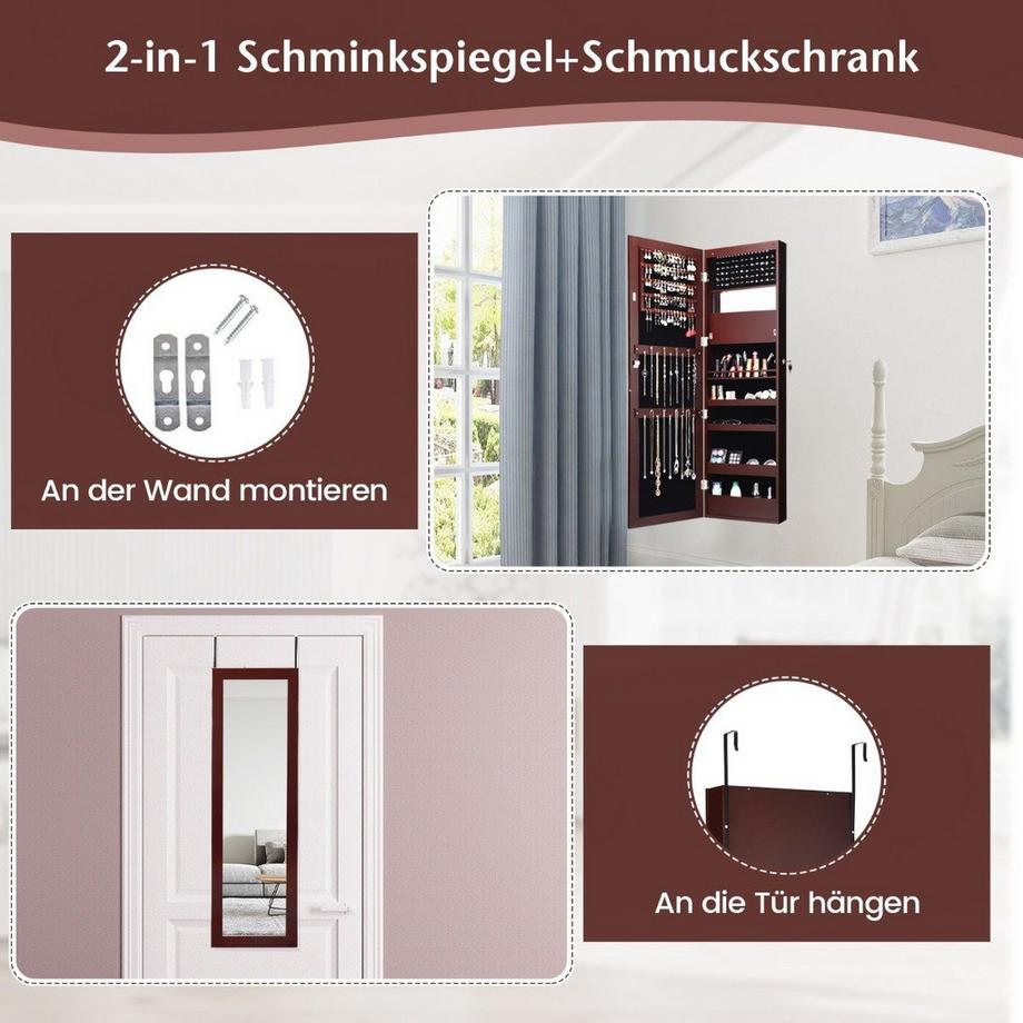 Northix Schmuckschrank mit Spiegel Kosmetikschrank mit ausgekleideten Ablagen Haken & Fächern Braun  